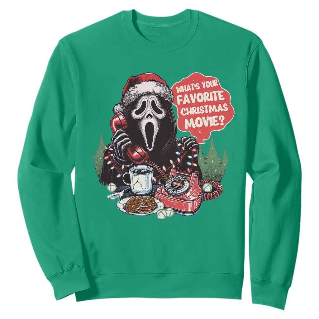 Funny Ghost Christmas Face Sweatshirt Whats Your Favorite Christmas Movie Spooky Xmas TS11 Irish Green Print Your Wear