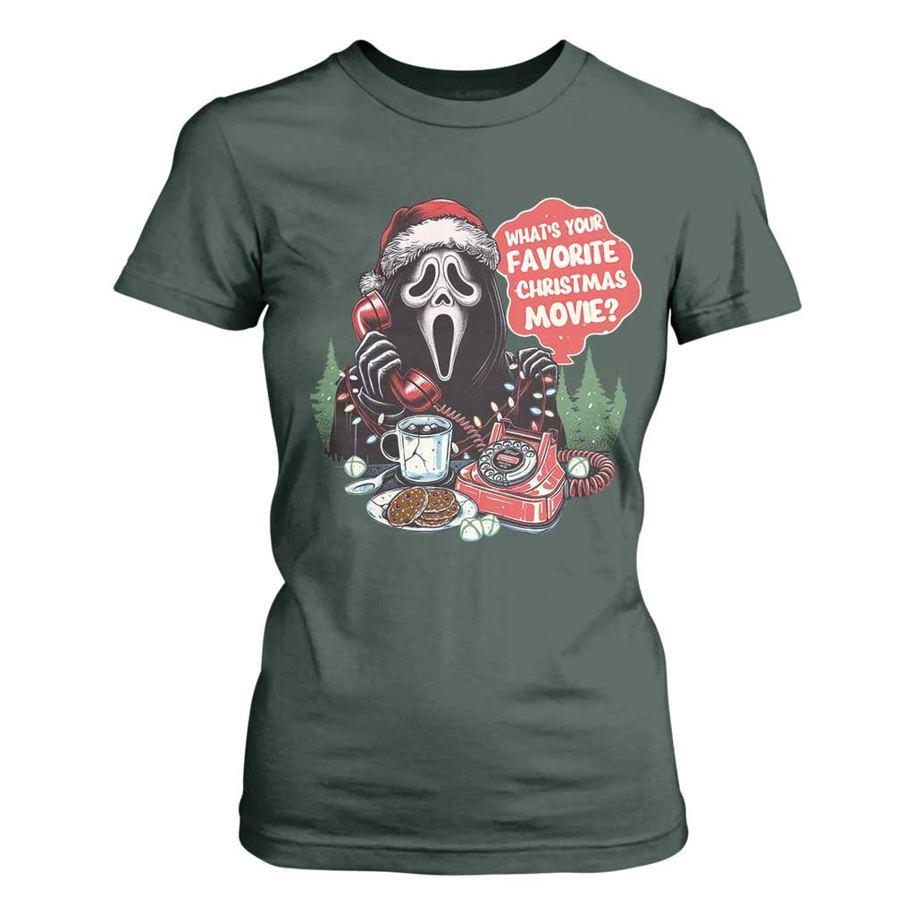 Funny Ghost Christmas Face T Shirt For Women Whats Your Favorite Christmas Movie Spooky Xmas TS11 Dark Forest Green Print Your Wear