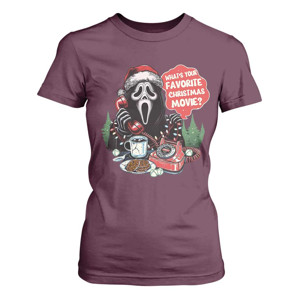 Funny Ghost Christmas Face T Shirt For Women Whats Your Favorite Christmas Movie Spooky Xmas TS11 Maroon Print Your Wear