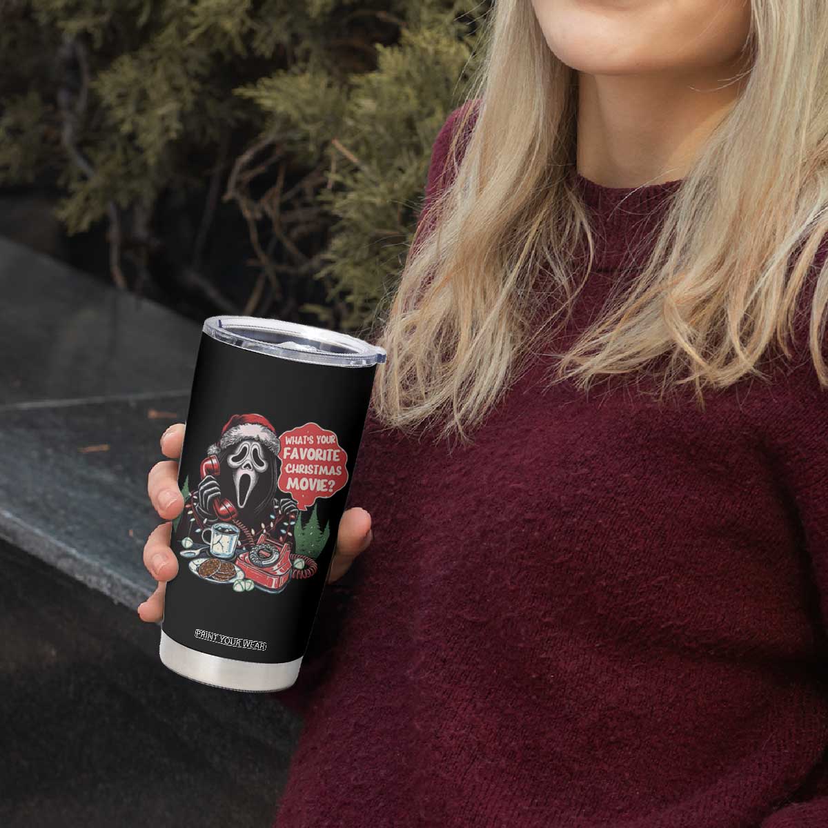 Funny Ghost Christmas Face Tumbler Cup Whats Your Favorite Christmas Movie Spooky Xmas TS11 Print Your Wear