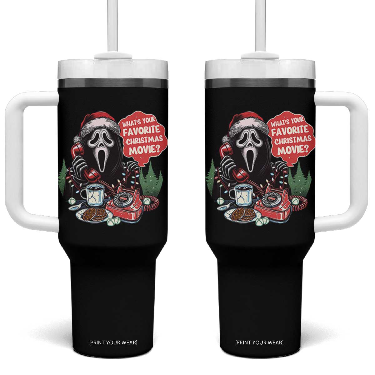 Funny Ghost Christmas Face Tumbler With Handle Whats Your Favorite Christmas Movie Spooky Xmas TS11 One Size: 40 oz Black Print Your Wear