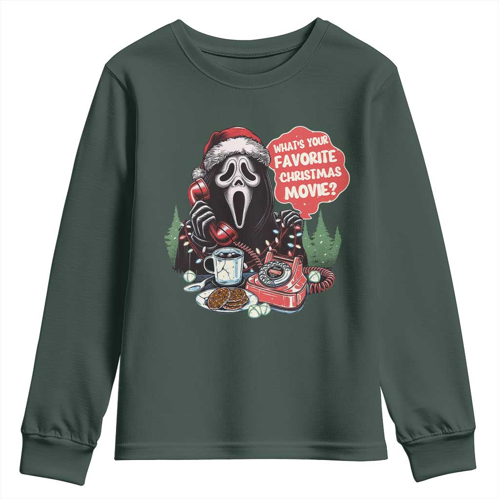 Funny Ghost Christmas Face Youth Sweatshirt Whats Your Favorite Christmas Movie Spooky Xmas TS11 Dark Forest Green Print Your Wear