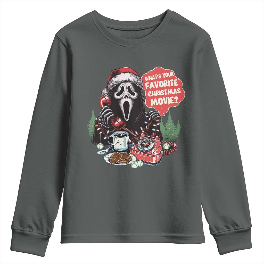 Funny Ghost Christmas Face Youth Sweatshirt Whats Your Favorite Christmas Movie Spooky Xmas TS11 Dark Heather Print Your Wear