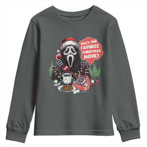 Funny Ghost Christmas Face Youth Sweatshirt Whats Your Favorite Christmas Movie Spooky Xmas TS11 Dark Heather Print Your Wear