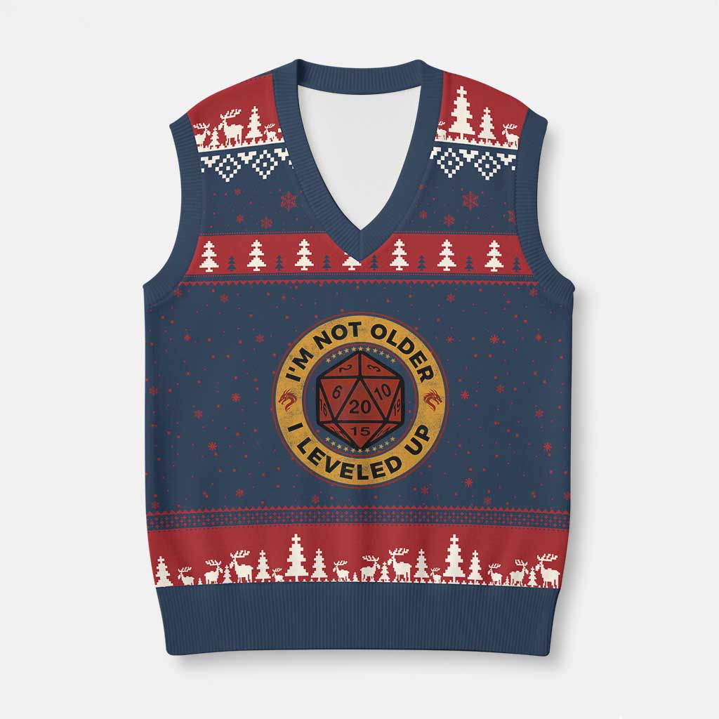 Funny RPG Gamer I Am Not Older I Leveled Up V-Neck Knit Sweater Vest Vintage D20 Tabletop TS11 Navy Red Print Your Wear