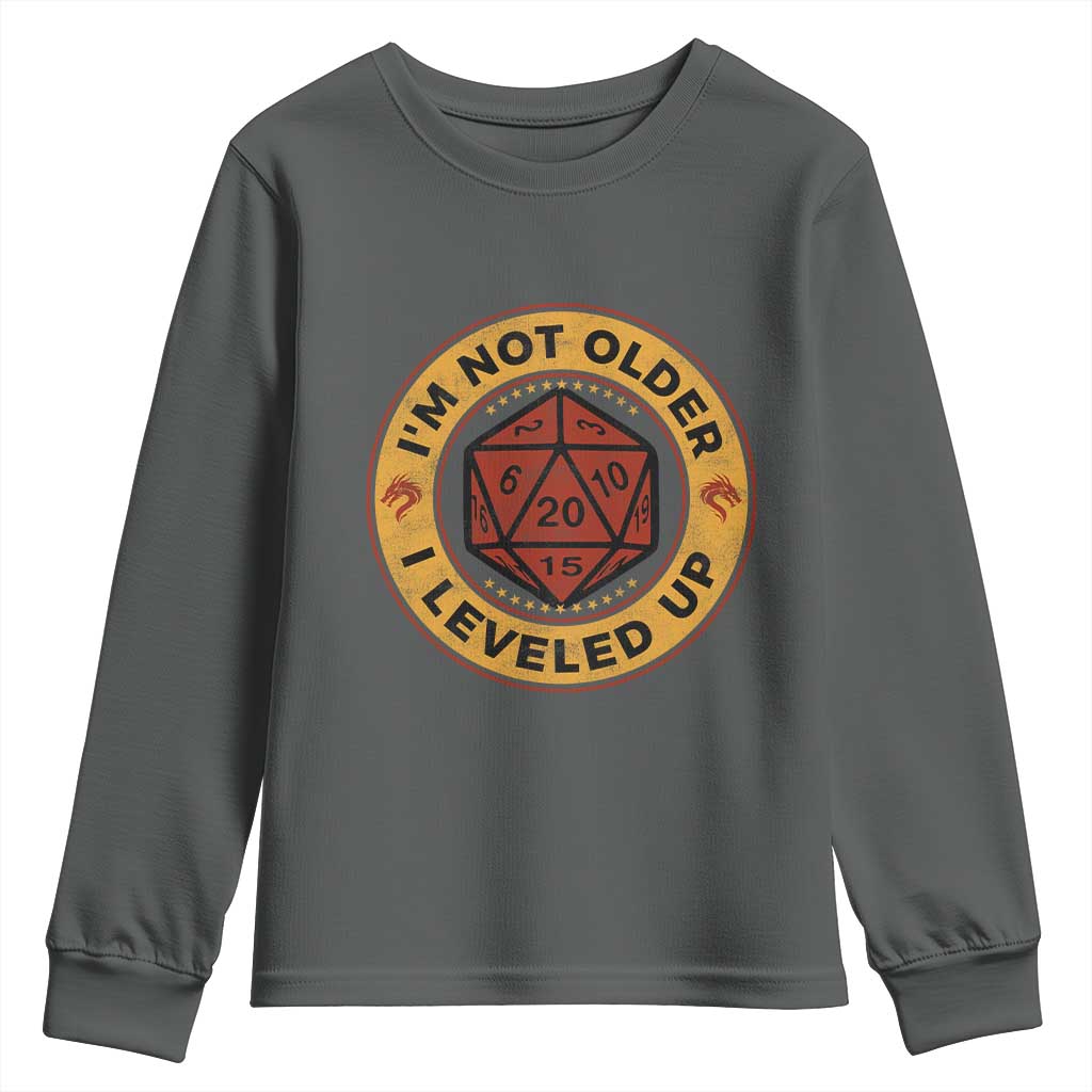Funny RPG Gamer I Am Not Older I Leveled Up Youth Sweatshirt Vintage D20 Tabletop TS11 Dark Heather Print Your Wear