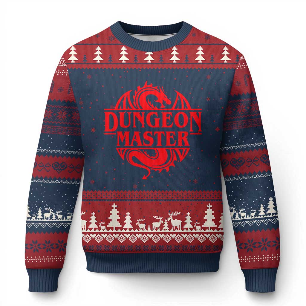 Funny Dungeon Master Ugly Christmas Sweater RPG Gamer D20 Tabletop Red Dragon TS11 Navy Red Print Your Wear