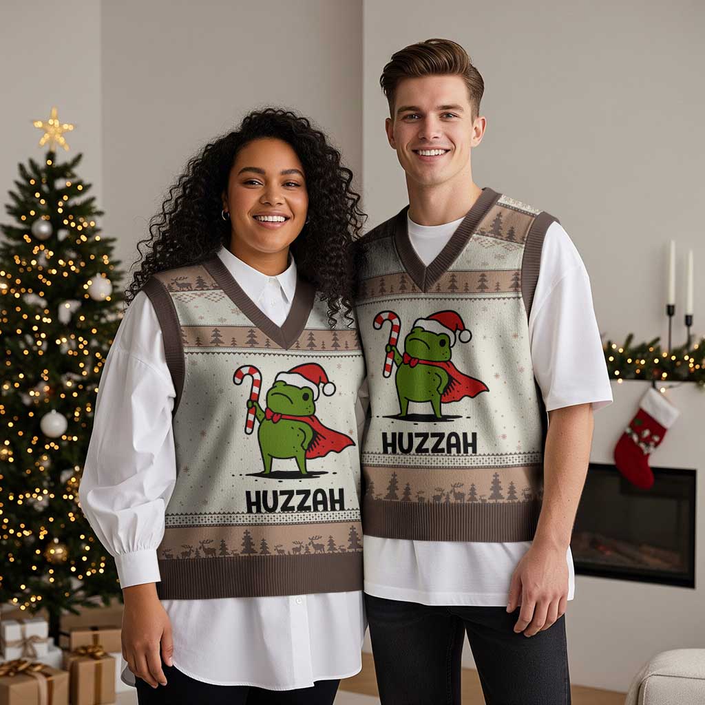 Funny Xmas Huzzah Frog Knight Meme Quote V-Neck Knit Sweater Vest TS11 Mocha Mousse Print Your Wear