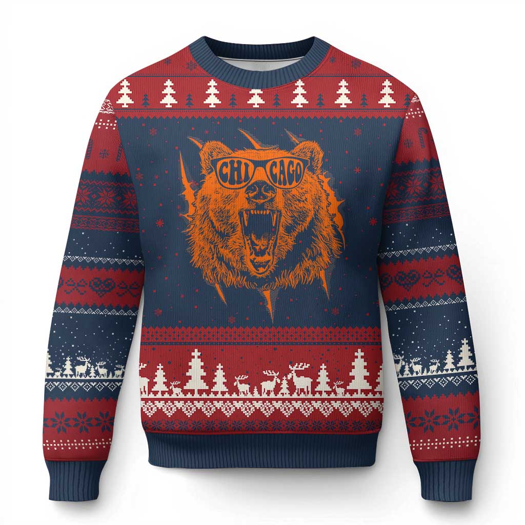 Wildlife Grizzly Bear Chicago Lover Ugly Christmas Sweater TS11 Navy Red Print Your Wear