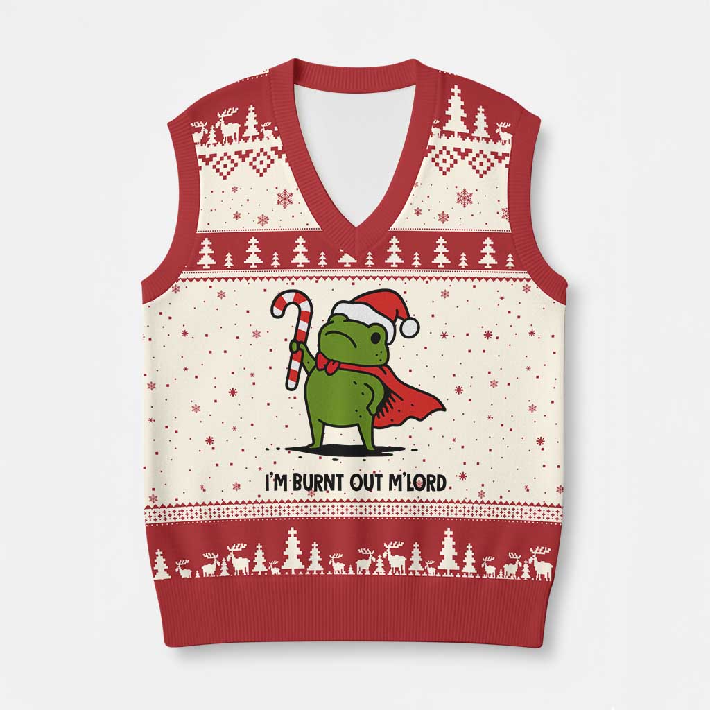 Funny Xmas Frog Knight V-Neck Knit Sweater Vest I Am Burnt Out M Lord Medieval Meme Candy Cane TS11 Beige Red Print Your Wear