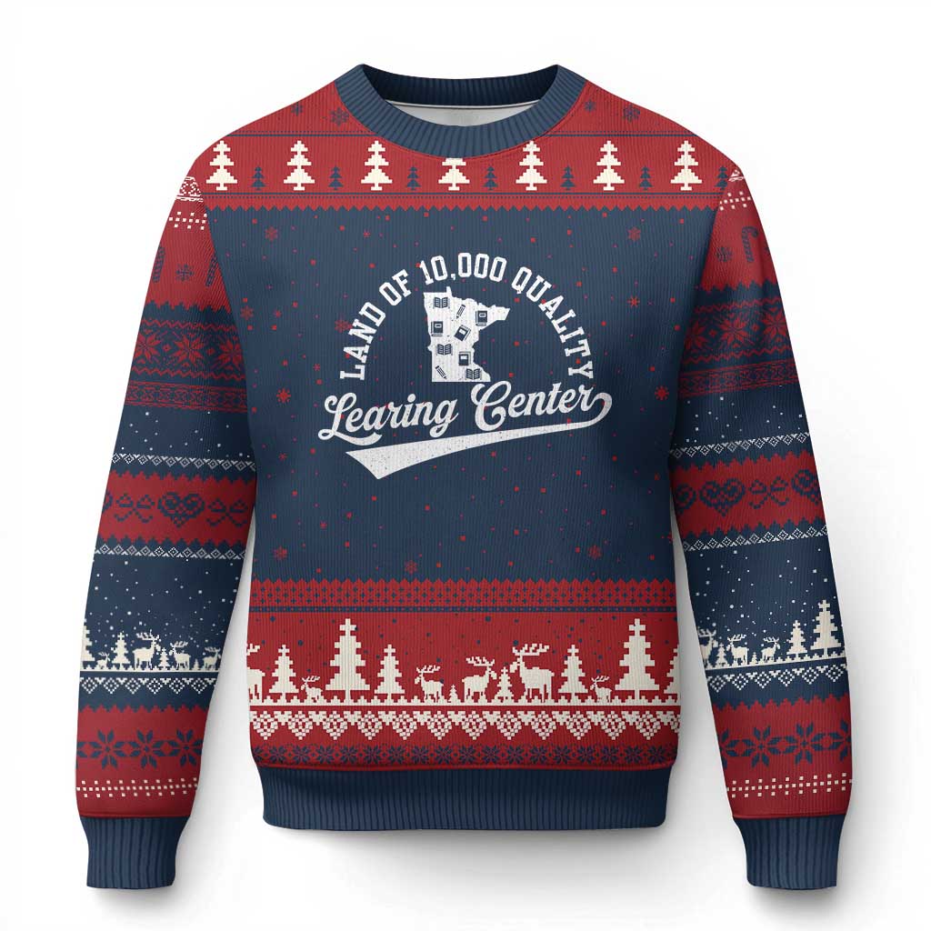 Funny Land Of 10000 Learing Center 2025 Ugly Christmas Sweater Anti Scam Awareness School Quote TS11 Navy Red Print Your Wear