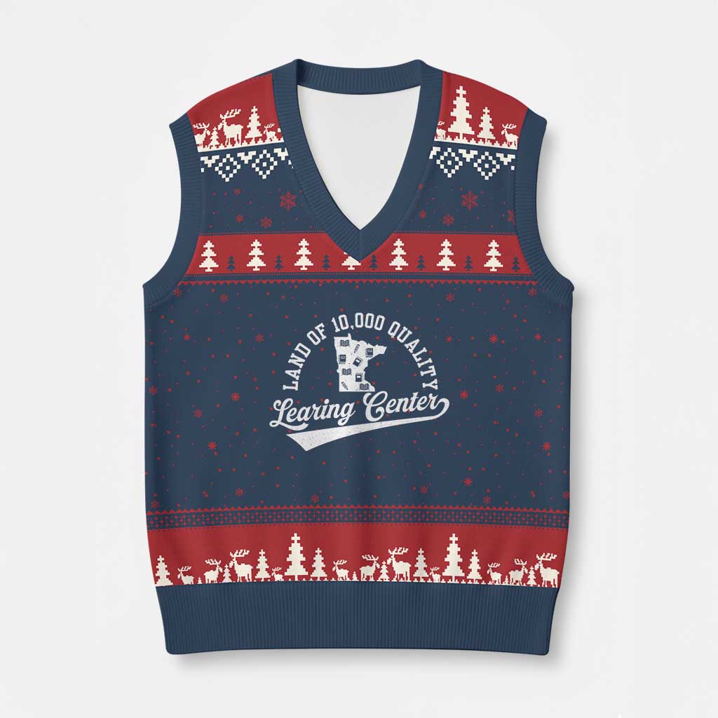Funny Land Of 10000 Learing Center 2025 V-Neck Knit Sweater Vest Anti Scam Awareness School Quote TS11 Navy Red Print Your Wear