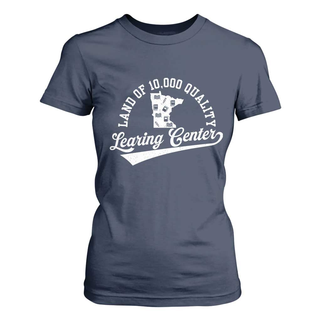 Funny Land Of 10000 Learing Center 2025 T Shirt For Women Anti Scam Awareness School Quote TS11 Navy Print Your Wear