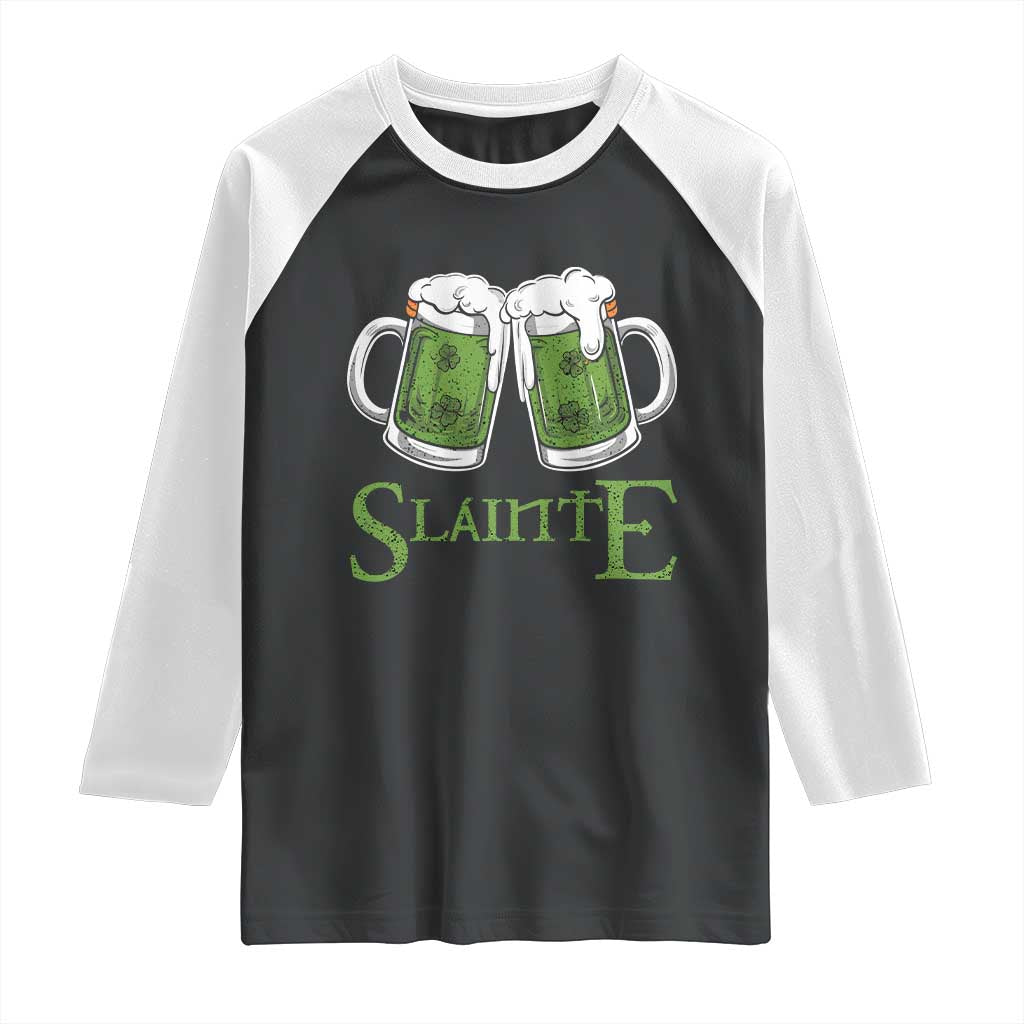 Funny Irish Beer Drinking Raglan Shirt Slainte St Patrick's Day Shamrock Beer Mugs TS11 Black White Print Your Wear