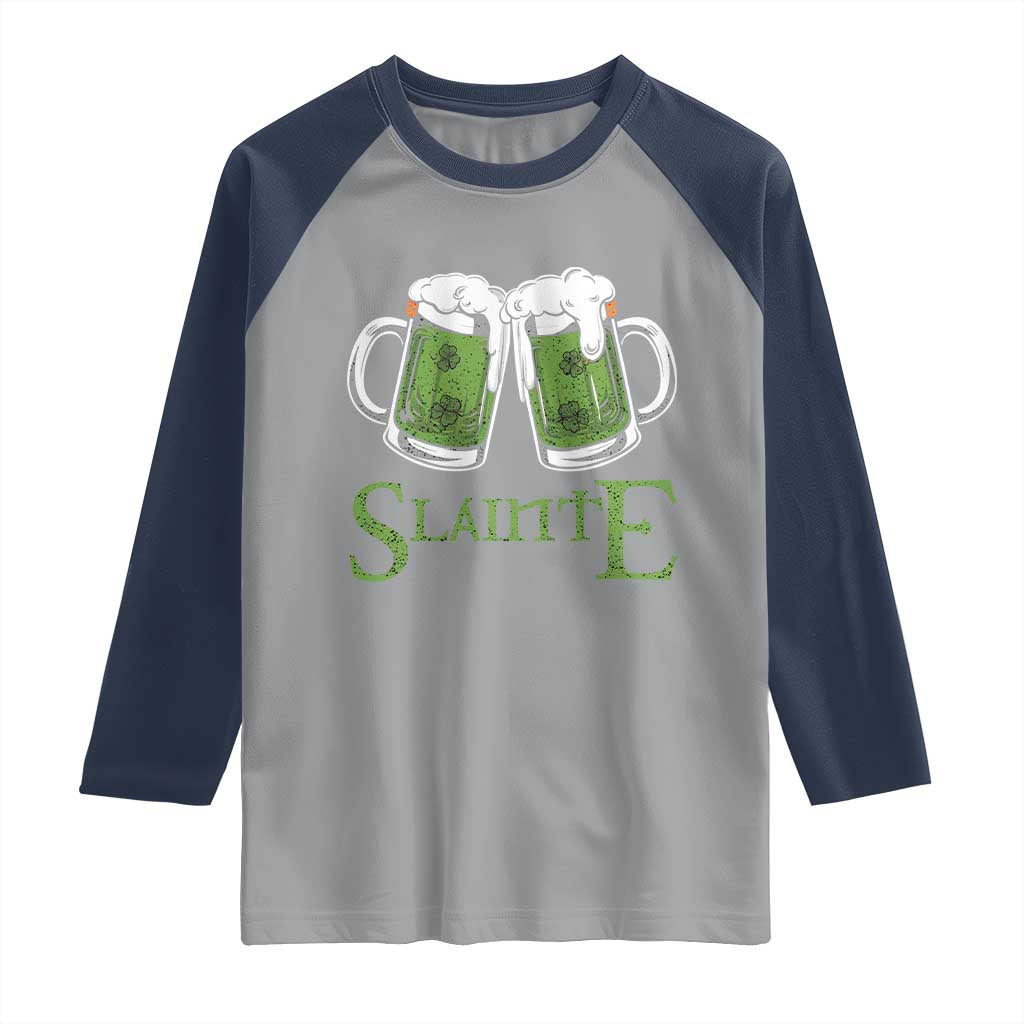 Funny Irish Beer Drinking Raglan Shirt Slainte St Patrick's Day Shamrock Beer Mugs TS11 Sport Gray Navy Print Your Wear