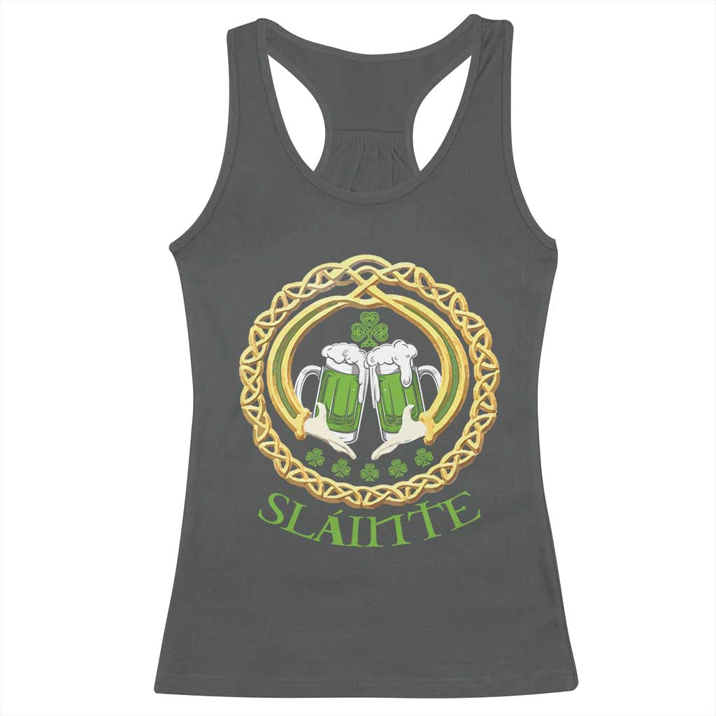 Funny Irish Beer Drinking St Patrick's Day Slainte Racerback Tank Top Claddagh Ring Celtic Shamrock TS11 Dark Heather Print Your Wear