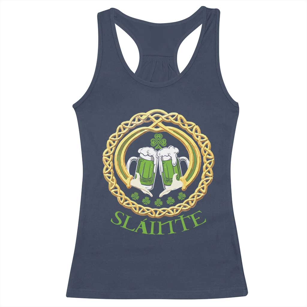 Funny Irish Beer Drinking St Patrick's Day Slainte Racerback Tank Top Claddagh Ring Celtic Shamrock TS11 Navy Print Your Wear