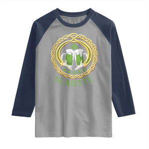 Funny Irish Beer Drinking St Patrick's Day Slainte Raglan Shirt Claddagh Ring Celtic Shamrock TS11 Sport Gray Navy Print Your Wear