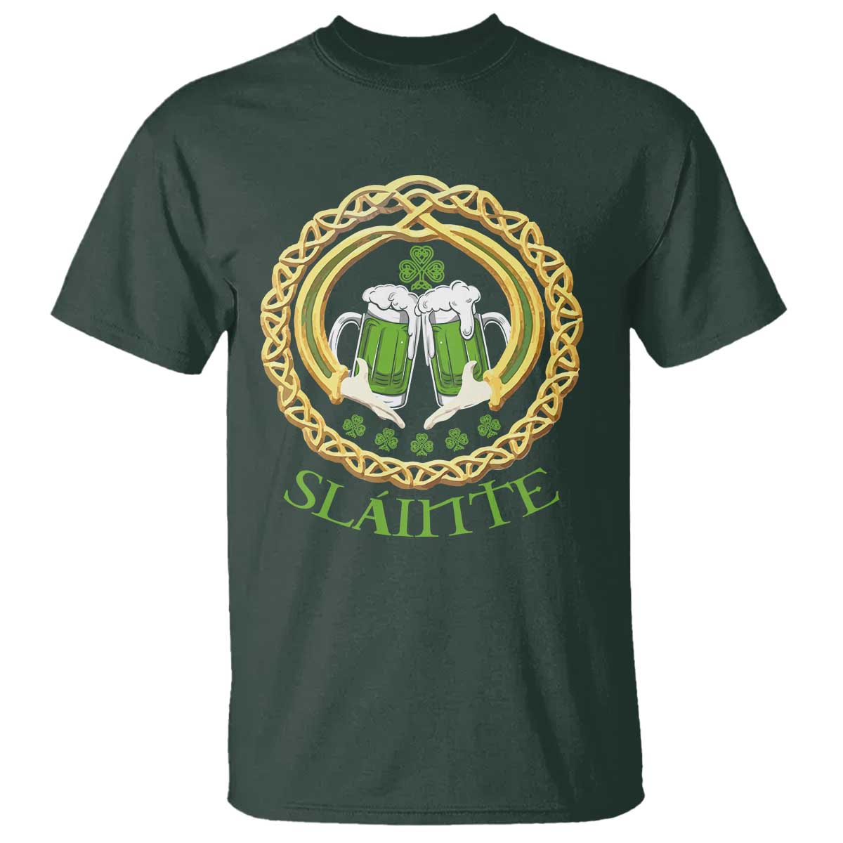 Funny Irish Beer Drinking St Patrick's Day Slainte T Shirt Claddagh Ring Celtic Shamrock TS11 Dark Forest Green Print Your Wear