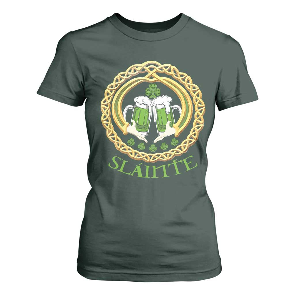 Funny Irish Beer Drinking St Patrick's Day Slainte T Shirt For Women Claddagh Ring Celtic Shamrock TS11 Dark Forest Green Print Your Wear