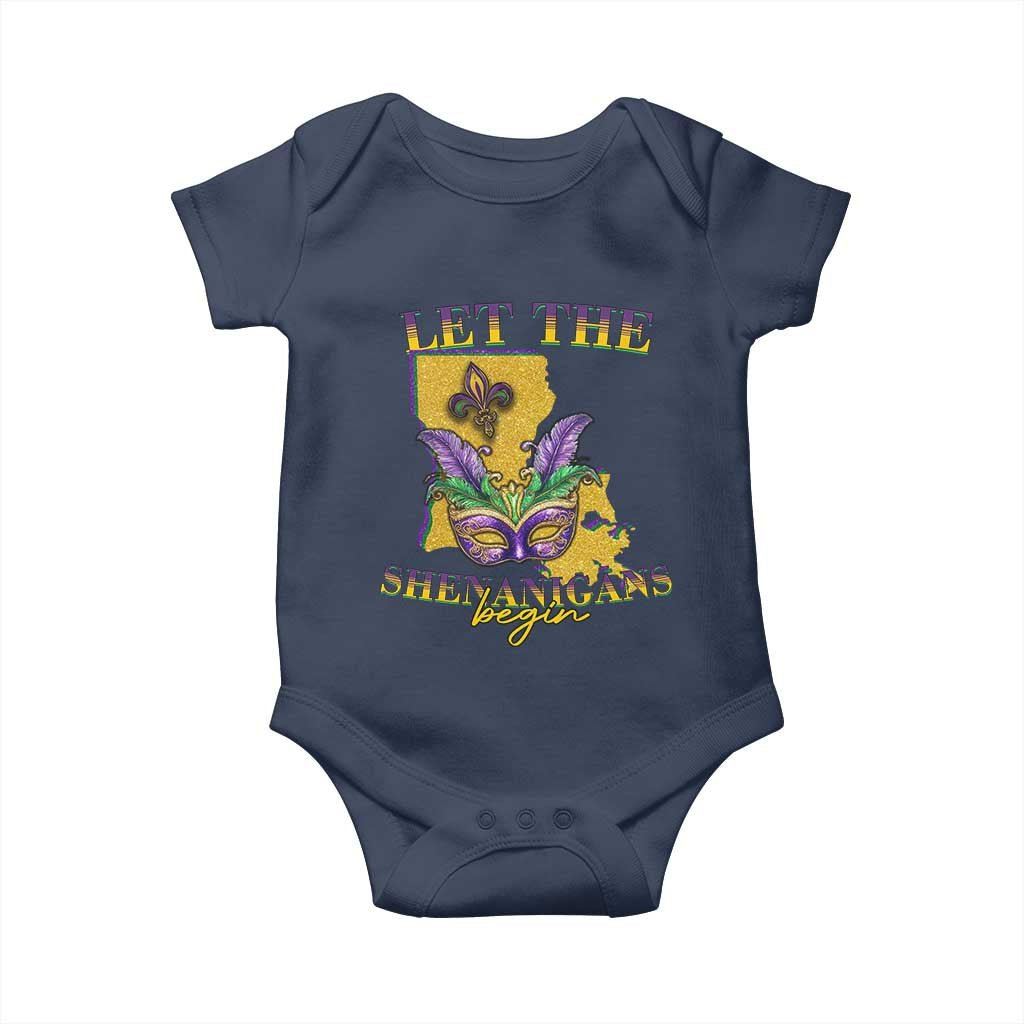 Funny Mardi Gras Let The Shenanigans Begin Baby Onesie Louisiana Map TS11 Navy Print Your Wear