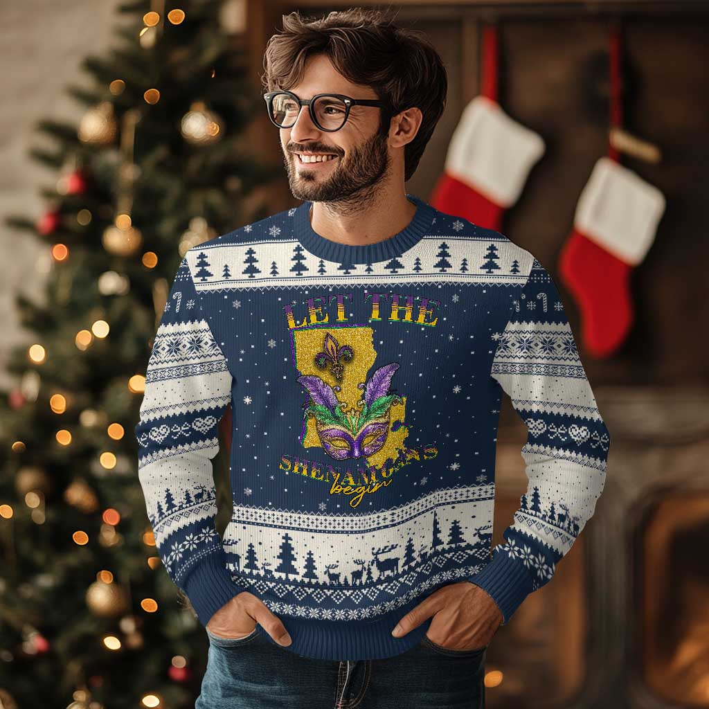 Funny Mardi Gras Let The Shenanigans Begin Ugly Christmas Sweater Louisiana Map TS11 Navy Beige Print Your Wear