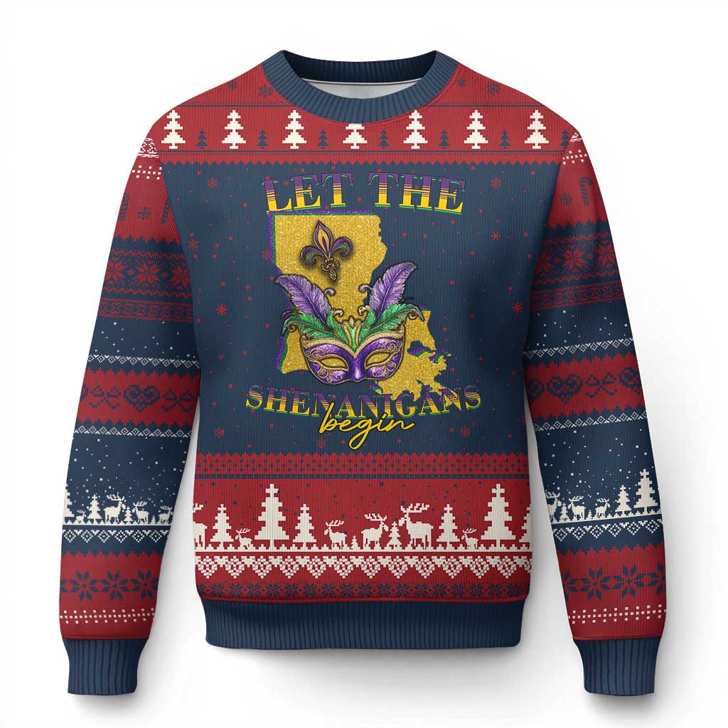 Funny Mardi Gras Let The Shenanigans Begin Ugly Christmas Sweater Louisiana Map TS11 Navy Red Print Your Wear