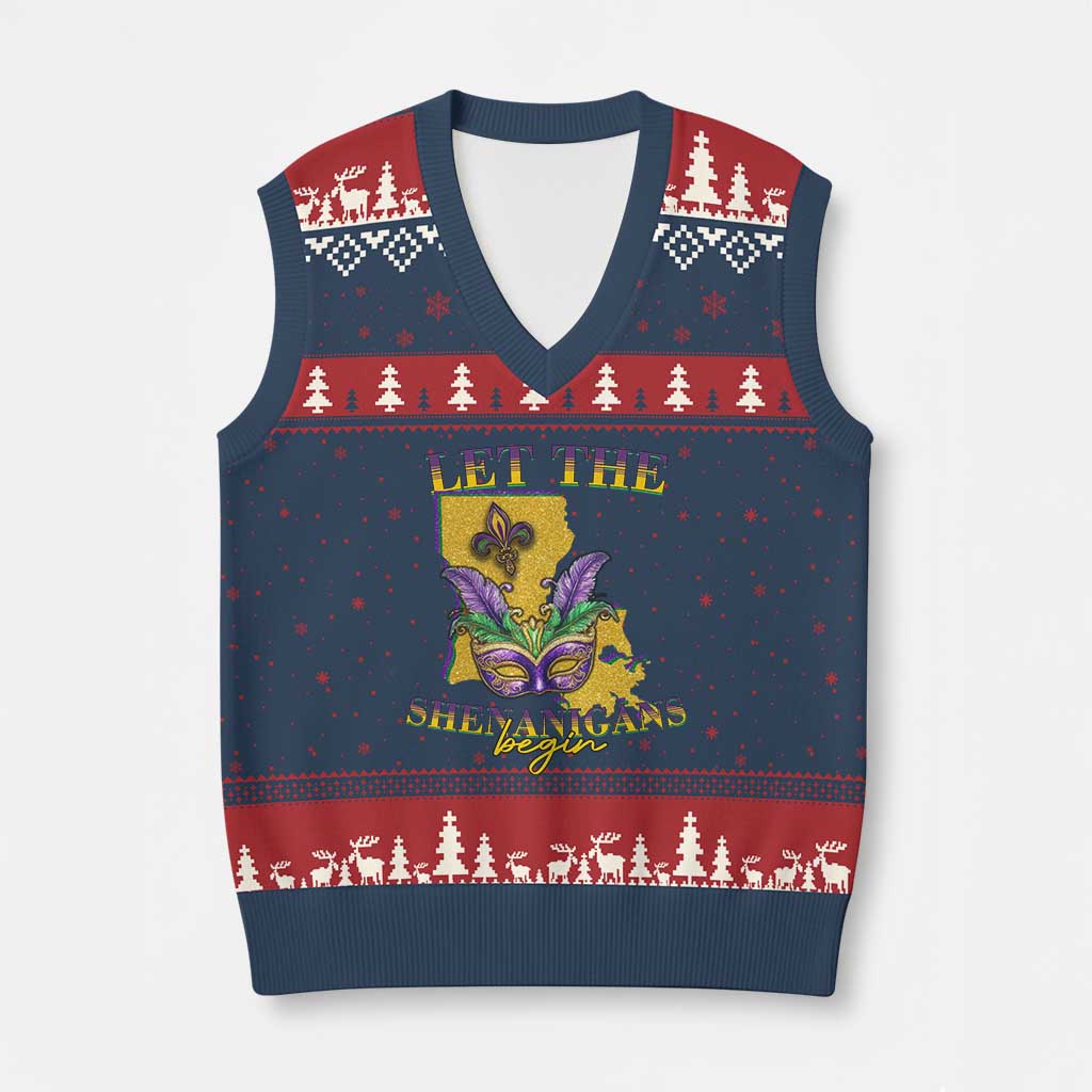 Funny Mardi Gras Let The Shenanigans Begin V-Neck Knit Sweater Vest Louisiana Map TS11 Navy Red Print Your Wear
