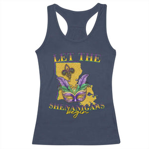 Funny Mardi Gras Let The Shenanigans Begin Racerback Tank Top Louisiana Map TS11 Navy Print Your Wear