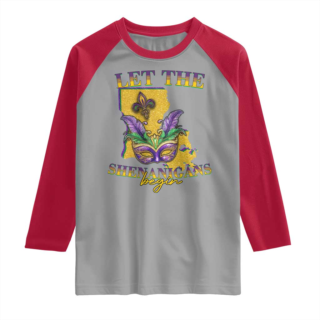 Funny Mardi Gras Let The Shenanigans Begin Raglan Shirt Louisiana Map TS11 Sport Gray Red Print Your Wear