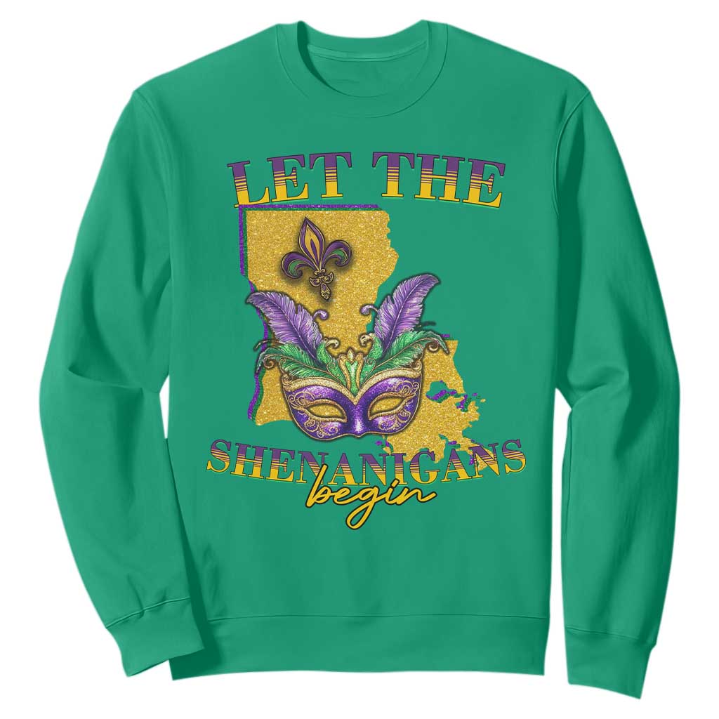 Funny Mardi Gras Let The Shenanigans Begin Sweatshirt Louisiana Map TS11 Irish Green Print Your Wear