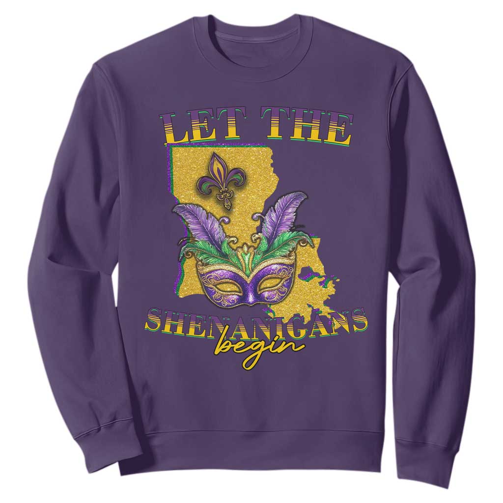 Funny Mardi Gras Let The Shenanigans Begin Sweatshirt Louisiana Map TS11 Purple Print Your Wear