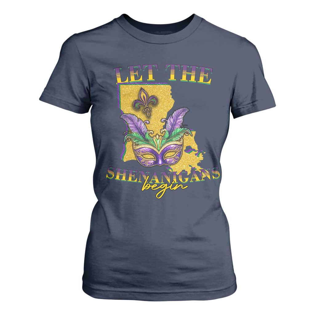 Funny Mardi Gras Let The Shenanigans Begin T Shirt For Women Louisiana Map TS11 Navy Print Your Wear