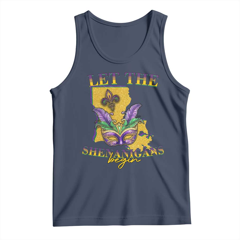 Funny Mardi Gras Let The Shenanigans Begin Tank Top Louisiana Map TS11 Navy Print Your Wear
