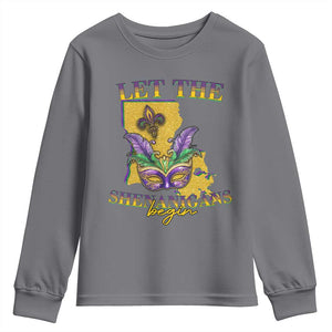 Funny Mardi Gras Let The Shenanigans Begin Youth Sweatshirt Louisiana Map TS11 Charcoal Print Your Wear