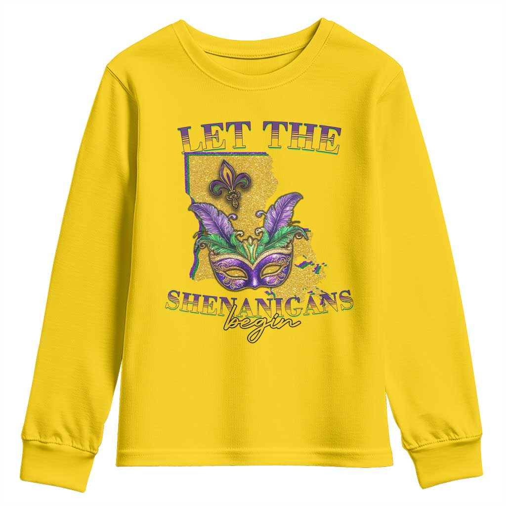 Funny Mardi Gras Let The Shenanigans Begin Youth Sweatshirt Louisiana Map TS11 Daisy Print Your Wear