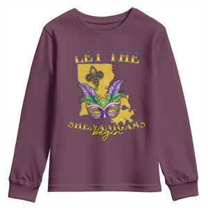 Funny Mardi Gras Let The Shenanigans Begin Youth Sweatshirt Louisiana Map TS11 Maroon Print Your Wear