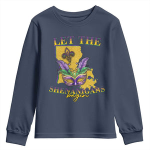Funny Mardi Gras Let The Shenanigans Begin Youth Sweatshirt Louisiana Map TS11 Navy Print Your Wear