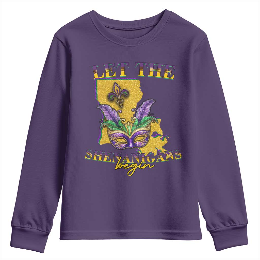 Funny Mardi Gras Let The Shenanigans Begin Youth Sweatshirt Louisiana Map TS11 Purple Print Your Wear