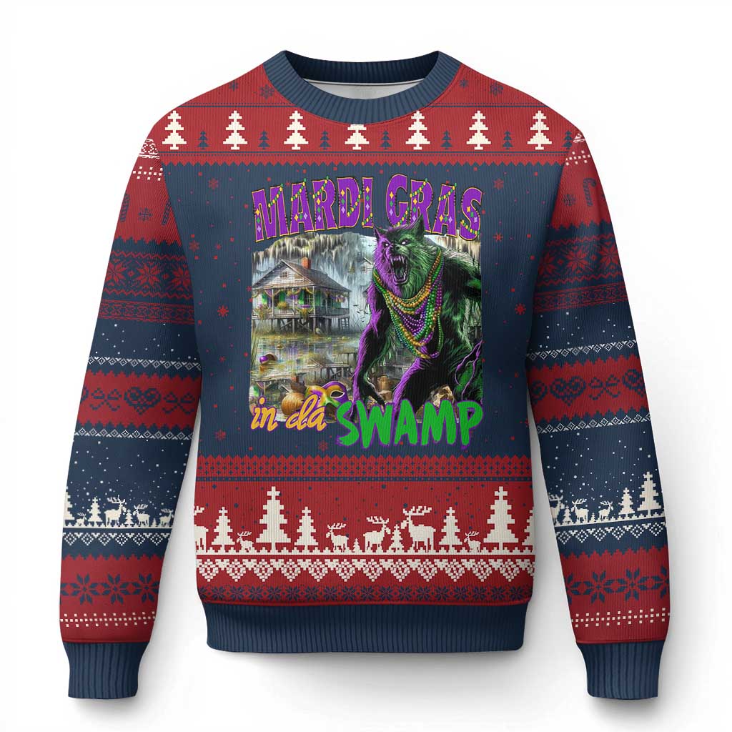 Funny Mardi Gras Rougarou Ugly Christmas Sweater Mardi Gras In Da Swamp Cryptids Of Louisiana TS11 Navy Red Print Your Wear