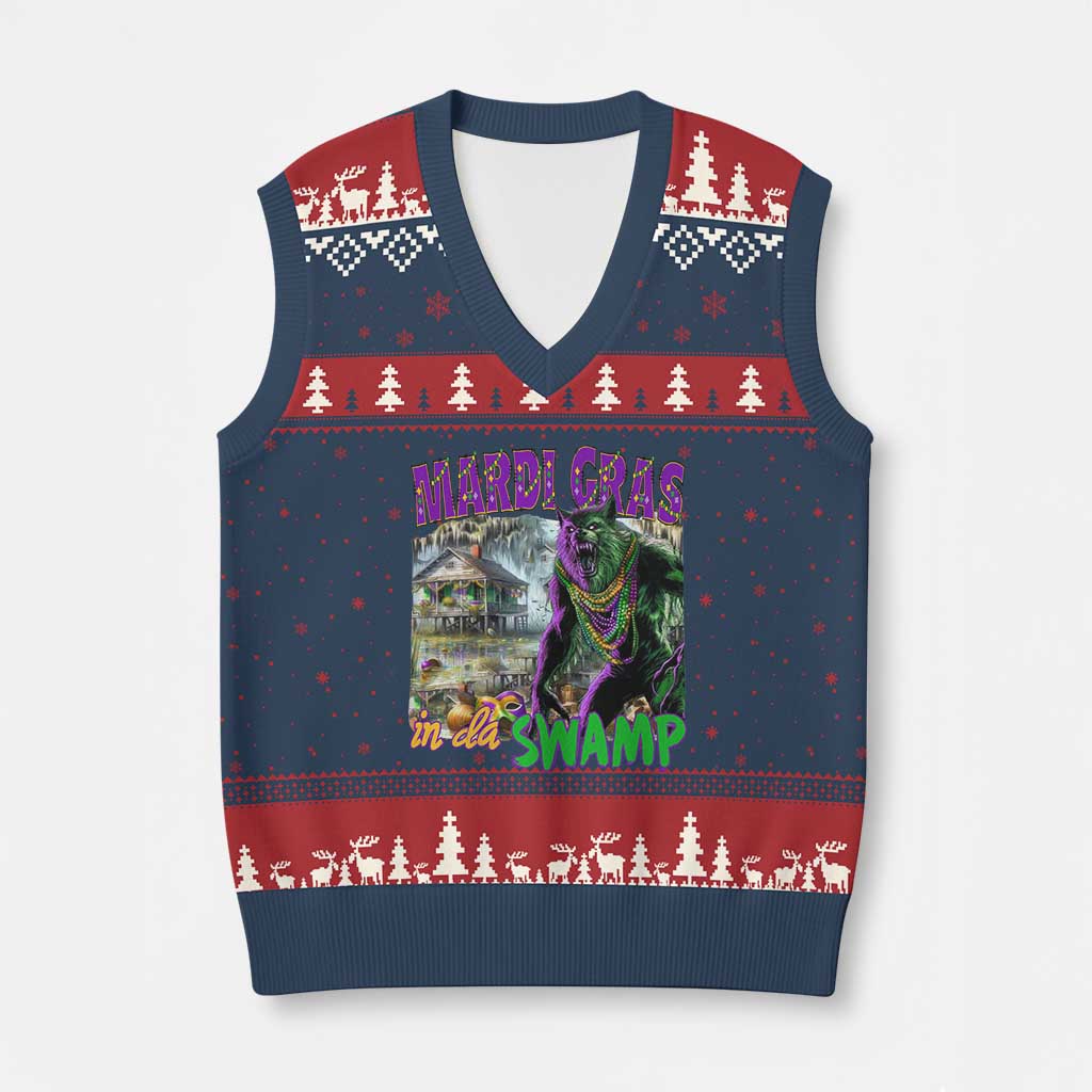Funny Mardi Gras Rougarou V-Neck Knit Sweater Vest Mardi Gras In Da Swamp Cryptids Of Louisiana TS11 Navy Red Print Your Wear