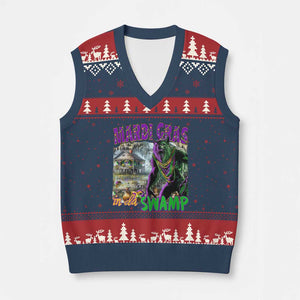 Funny Mardi Gras Rougarou V-Neck Knit Sweater Vest Mardi Gras In Da Swamp Cryptids Of Louisiana TS11 Navy Red Print Your Wear
