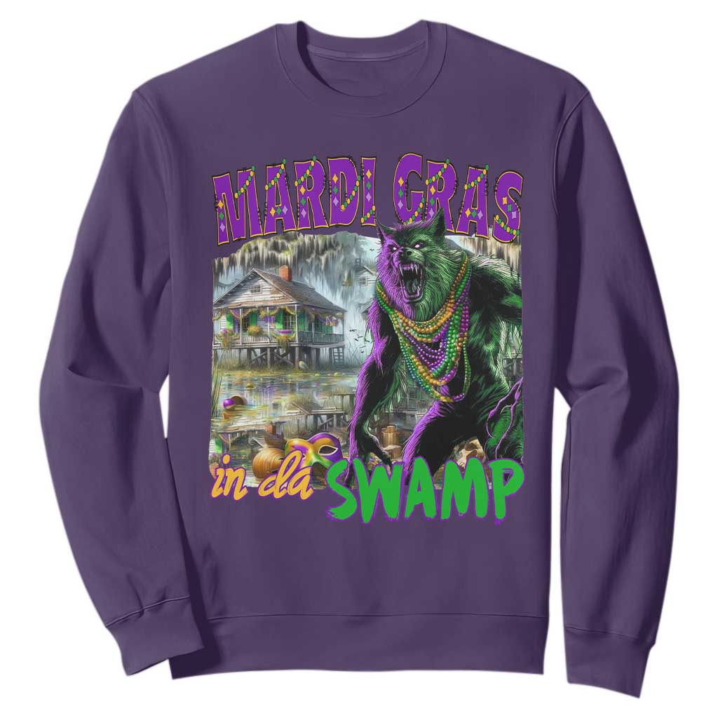 Funny Mardi Gras Rougarou Sweatshirt Mardi Gras In Da Swamp Cryptids Of Louisiana TS11 Purple Print Your Wear