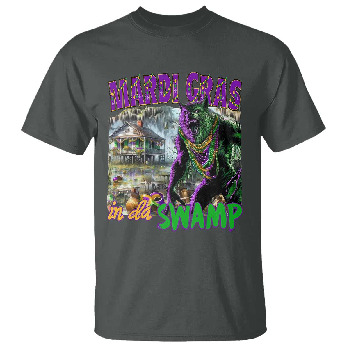 Funny Mardi Gras Rougarou T Shirt Mardi Gras In Da Swamp Cryptids Of Louisiana TS11 Dark Heather Print Your Wear