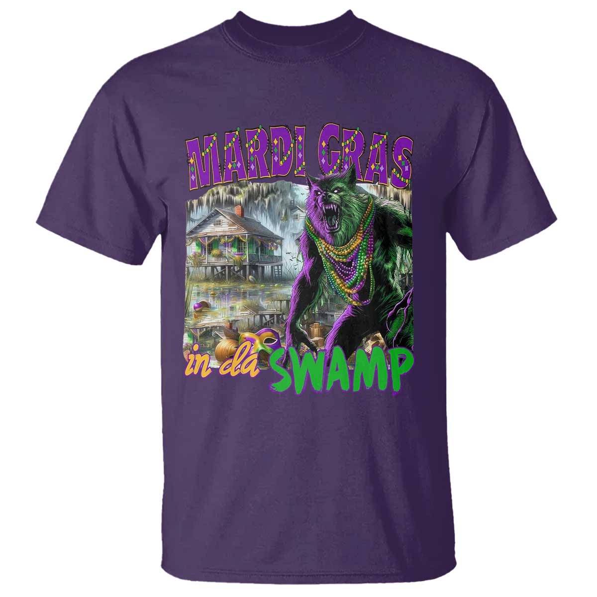 Funny Mardi Gras Rougarou T Shirt Mardi Gras In Da Swamp Cryptids Of Louisiana TS11 Purple Print Your Wear