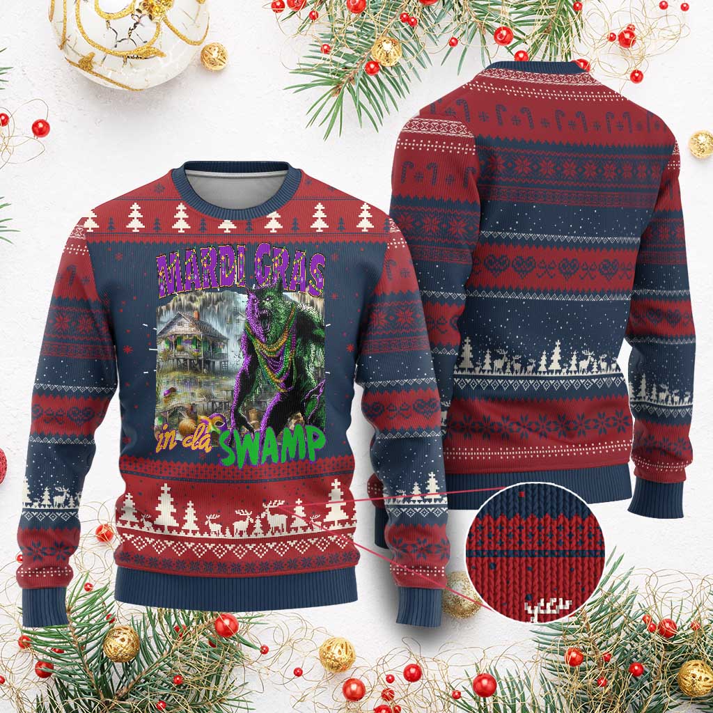 Funny Mardi Gras Rougarou Knit Sweatshirt Mardi Gras In Da Swamp Cryptids Of Louisiana TS11 Burgundy Print Your Wear