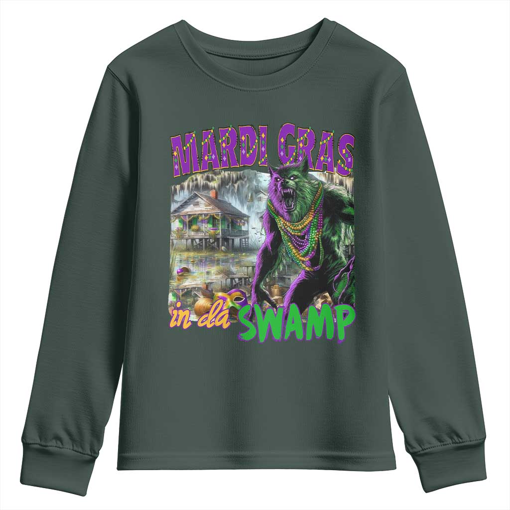 Funny Mardi Gras Rougarou Youth Sweatshirt Mardi Gras In Da Swamp Cryptids Of Louisiana TS11 Dark Forest Green Print Your Wear