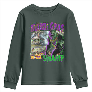 Funny Mardi Gras Rougarou Youth Sweatshirt Mardi Gras In Da Swamp Cryptids Of Louisiana TS11 Dark Forest Green Print Your Wear
