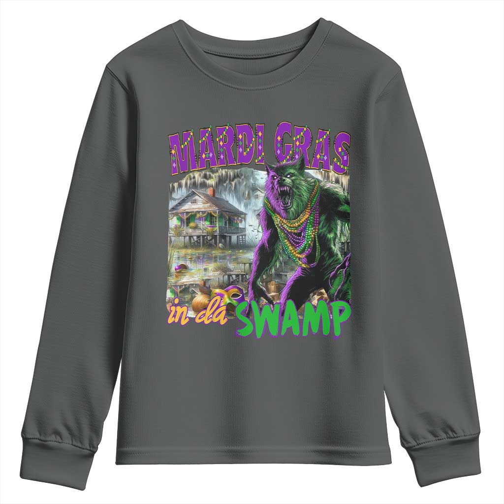 Funny Mardi Gras Rougarou Youth Sweatshirt Mardi Gras In Da Swamp Cryptids Of Louisiana TS11 Dark Heather Print Your Wear