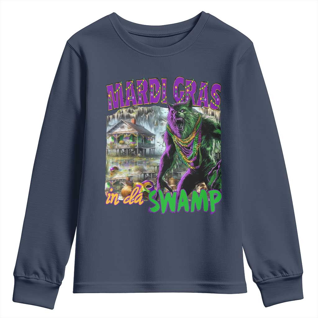 Funny Mardi Gras Rougarou Youth Sweatshirt Mardi Gras In Da Swamp Cryptids Of Louisiana TS11 Navy Print Your Wear